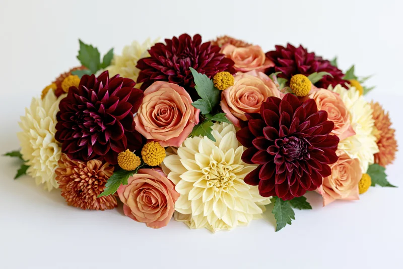Autumn floral arrangement with dahlias, roses, and greenery on white surface