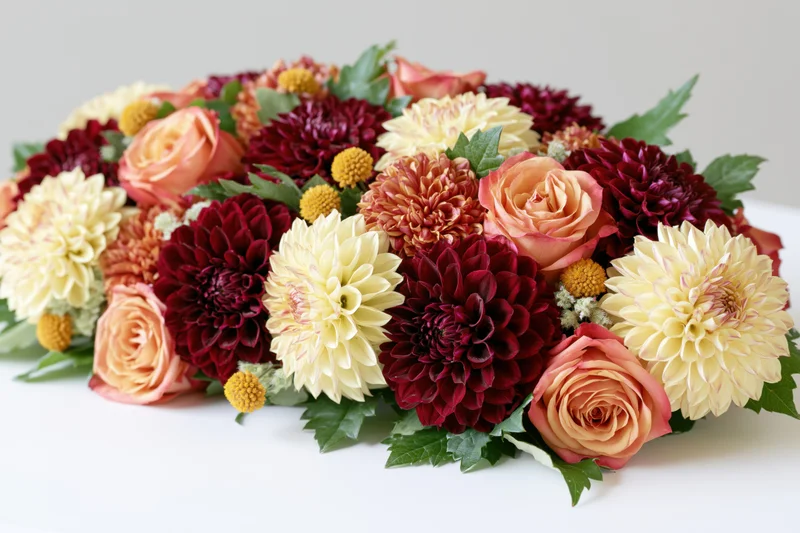 Autumn floral arrangement with roses and dahlias on white surface