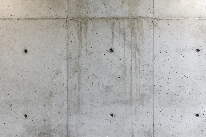 Bare poured concrete wall with visible seams and circular holes, flat-on view