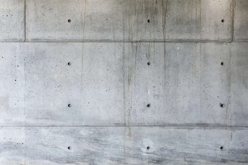 Bare poured concrete wall with visible formwork holes and seams filling the frame