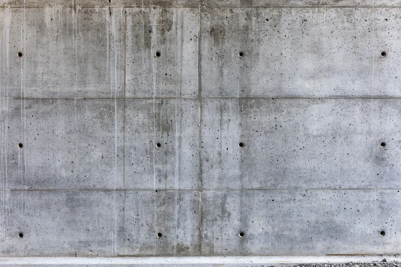 Bare poured concrete wall with grid pattern and circular holes filling the frame
