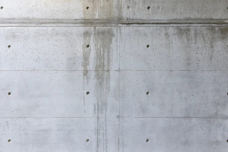 Close-up of a bare poured concrete wall with visible seams and formwork holes