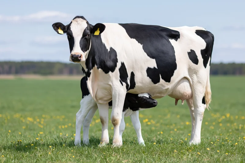 Black-and-white holstein cow nursing calf in a green pasture