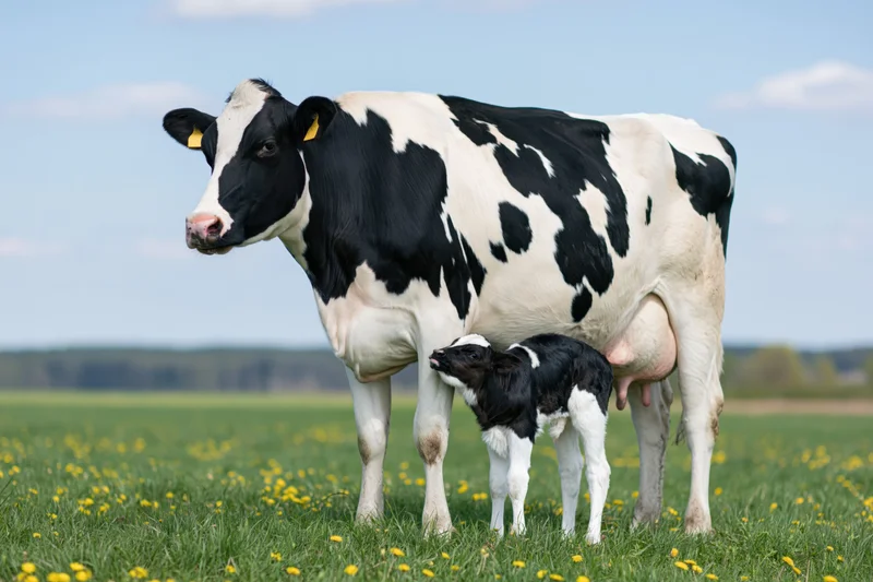 Black-and-white holstein cow standing in a green pasture with her calf nursing