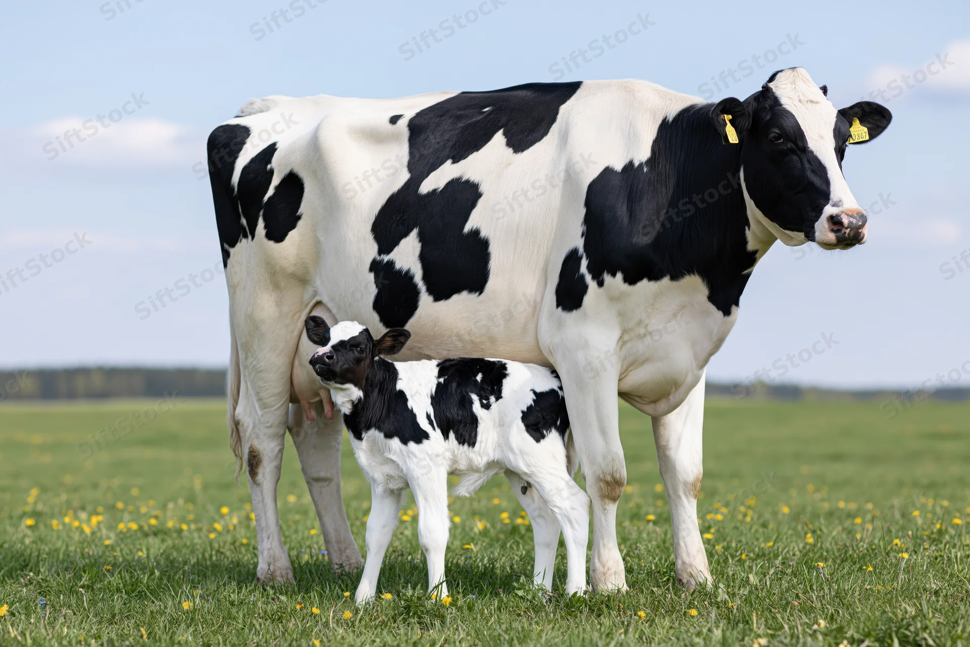 Black-and-white holstein cow standing with calf in green pasture