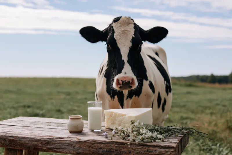 Black and white holstein cow standing behind a rustic wooden table with milk, cheese, and flowers in a grassy field