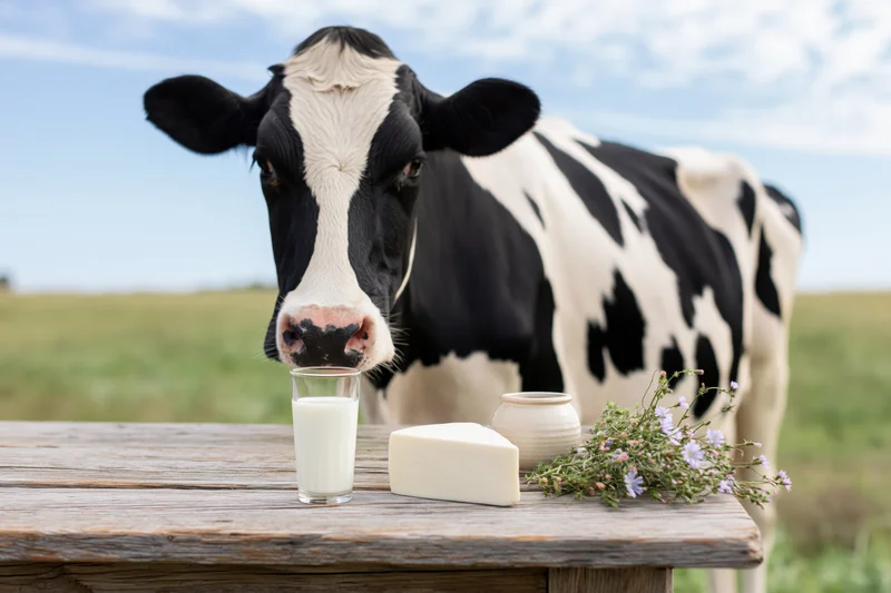 Holstein cow standing behind a wooden table with milk, cheese, and flowers in a grassy field