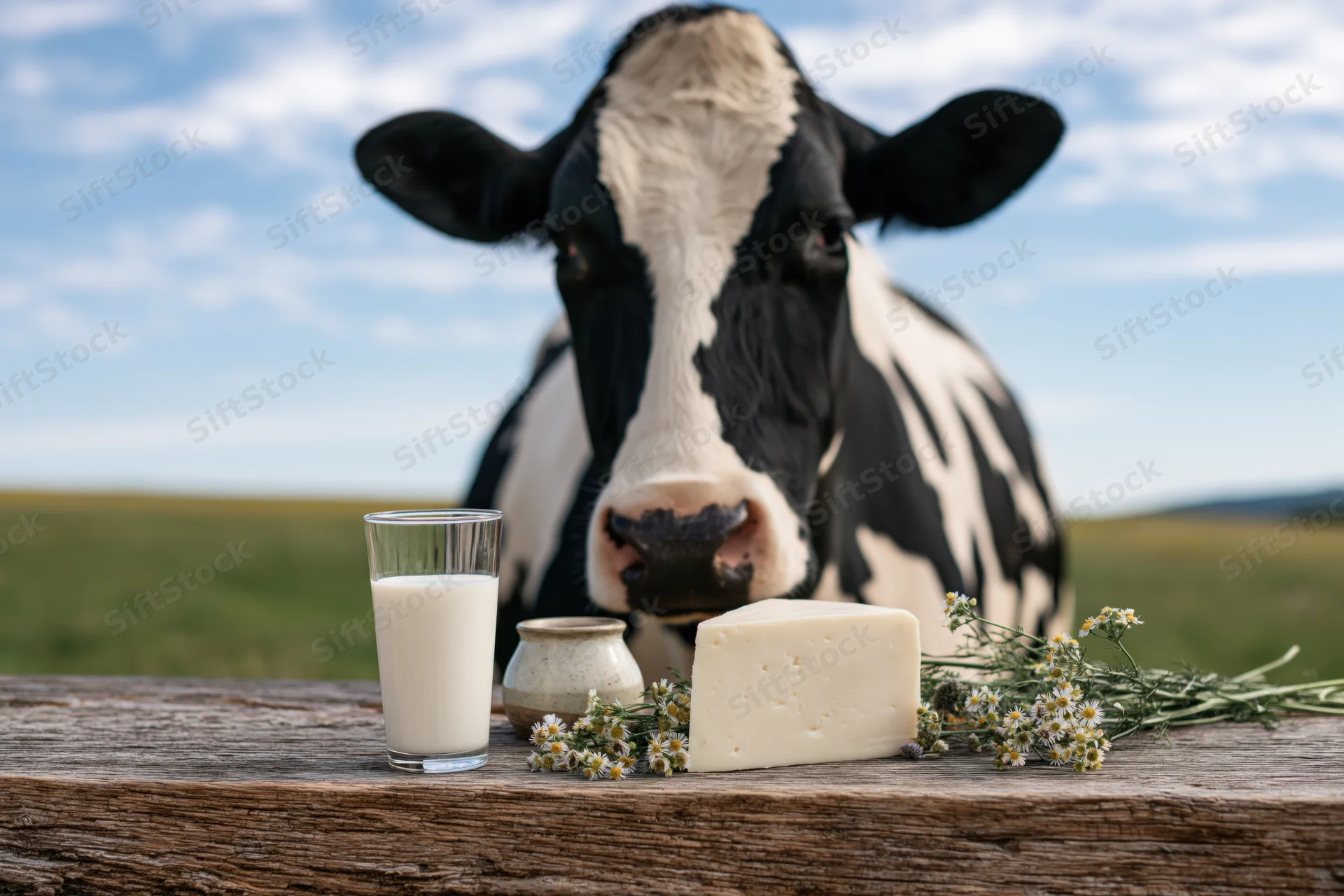 Black and white Holstein cow behind a wooden table with a glass of milk and a block of cheese in a grassy field
