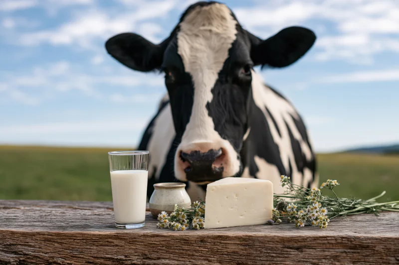 Black and white Holstein cow behind a wooden table with a glass of milk and a block of cheese in a grassy field
