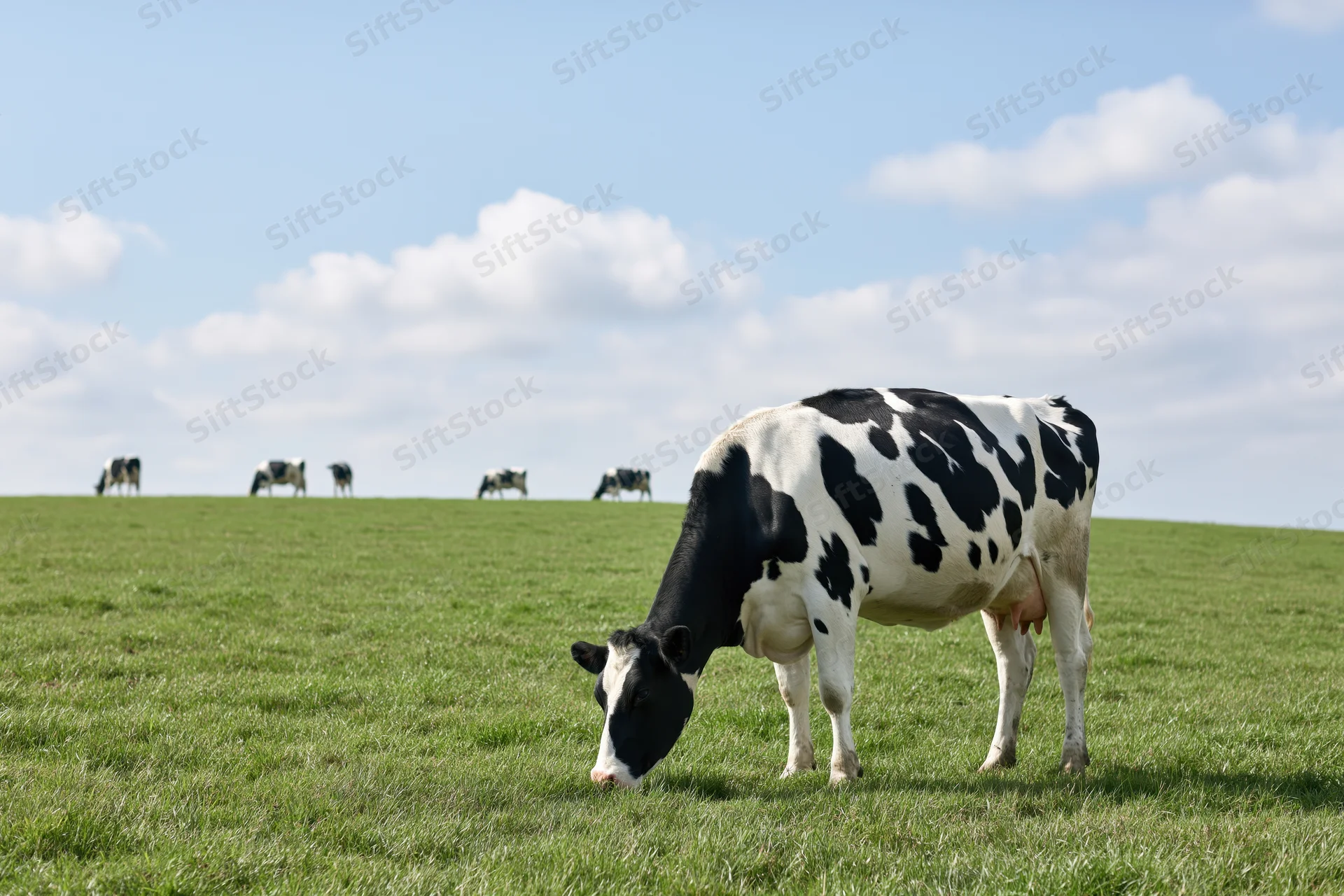 Holstein cow grazing in a green pasture with other cows in the distance under a partly cloudy sky