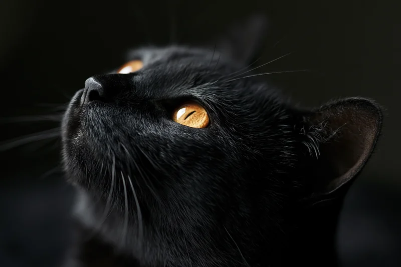 Black cat gazing upward with amber eyes in dark setting