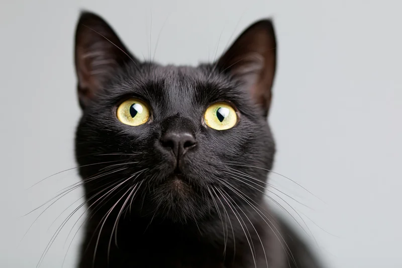 Black cat with wide yellow-green eyes gazing upward in studio portrait