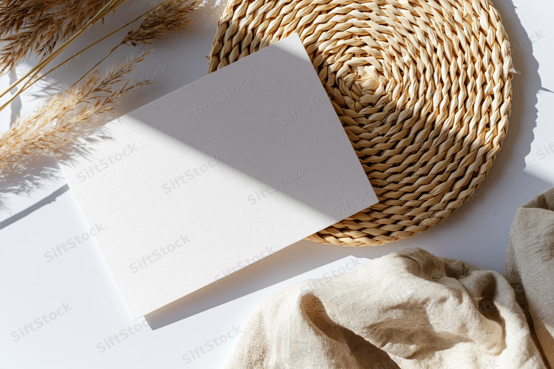 Blank white card lying flat on white surface with woven basket and dried grasses, partially covered by beige linen fabric