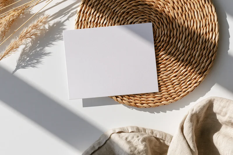 Blank white card lying flat on a woven placemat with dried grass and linen fabric on a white surface