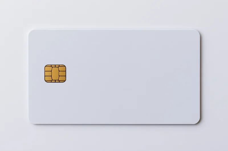 Blank white credit card with gold emv chip on left side against white background