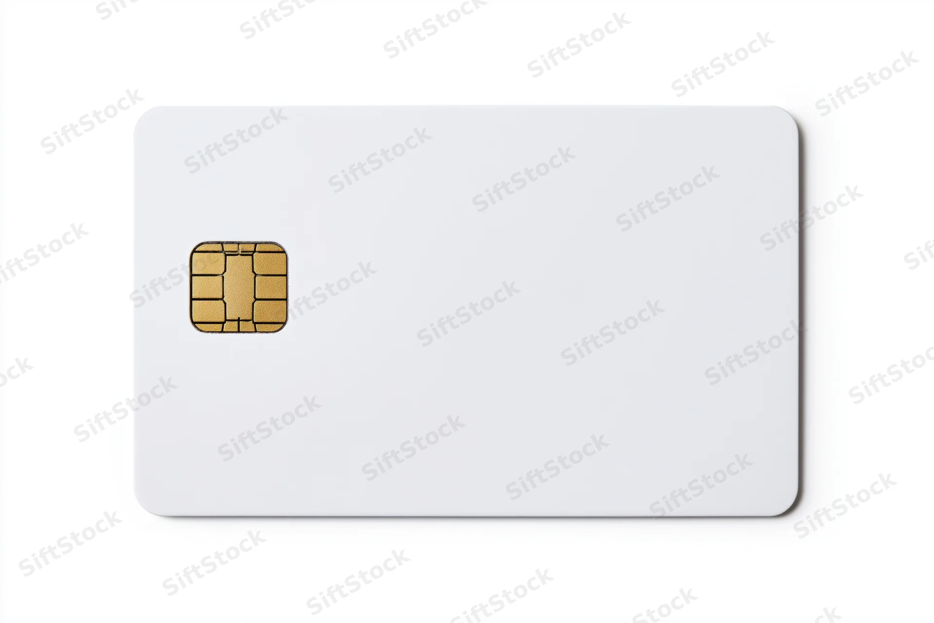 Blank white credit card with gold emv chip on left side isolated on white background