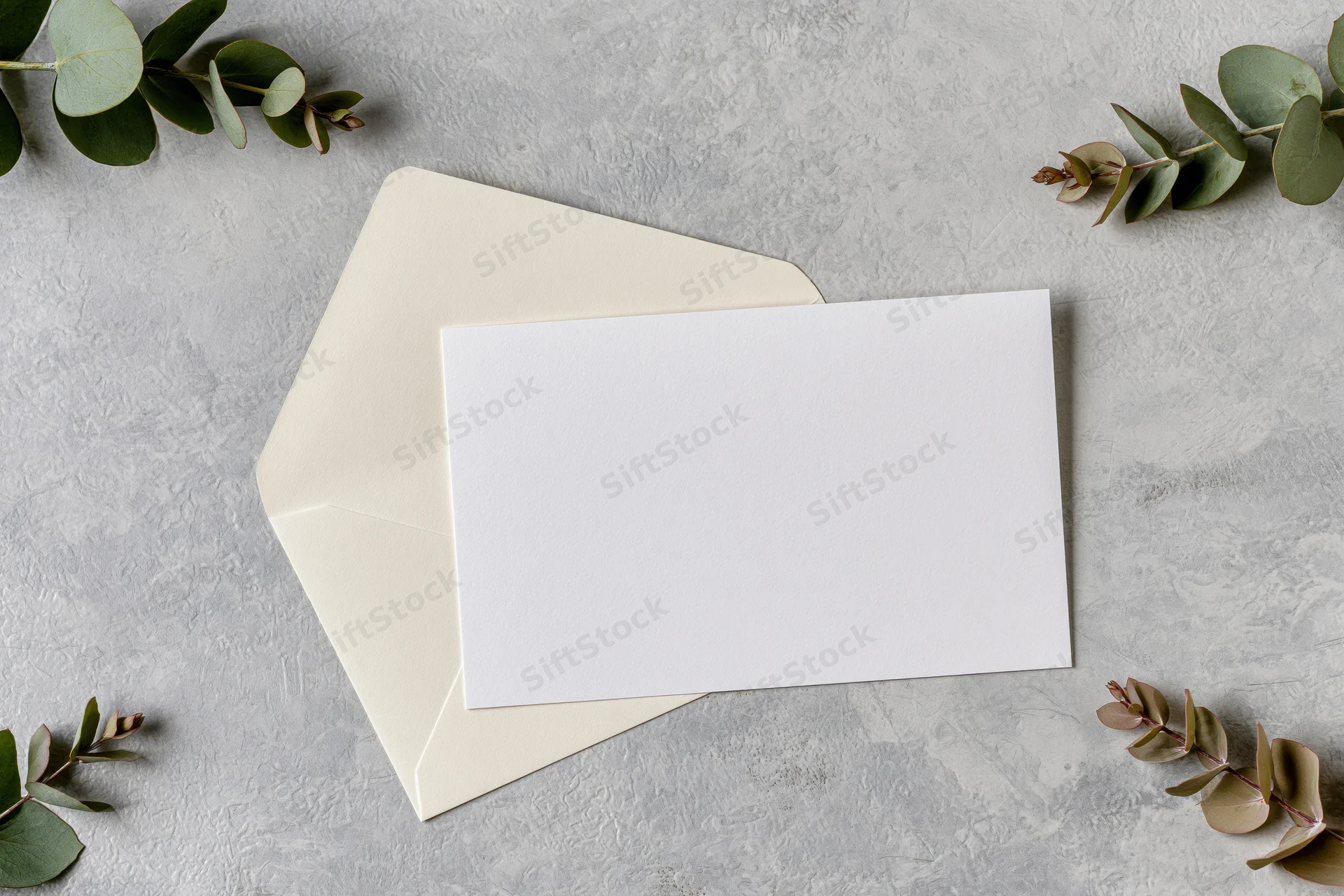 Blank white card resting on cream envelope with eucalyptus sprigs on textured gray surface