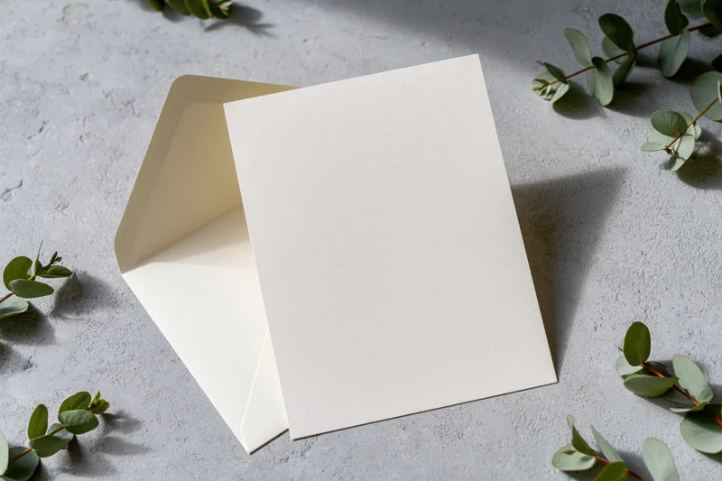 Blank white card leaning against cream envelope on textured gray surface with eucalyptus sprigs
