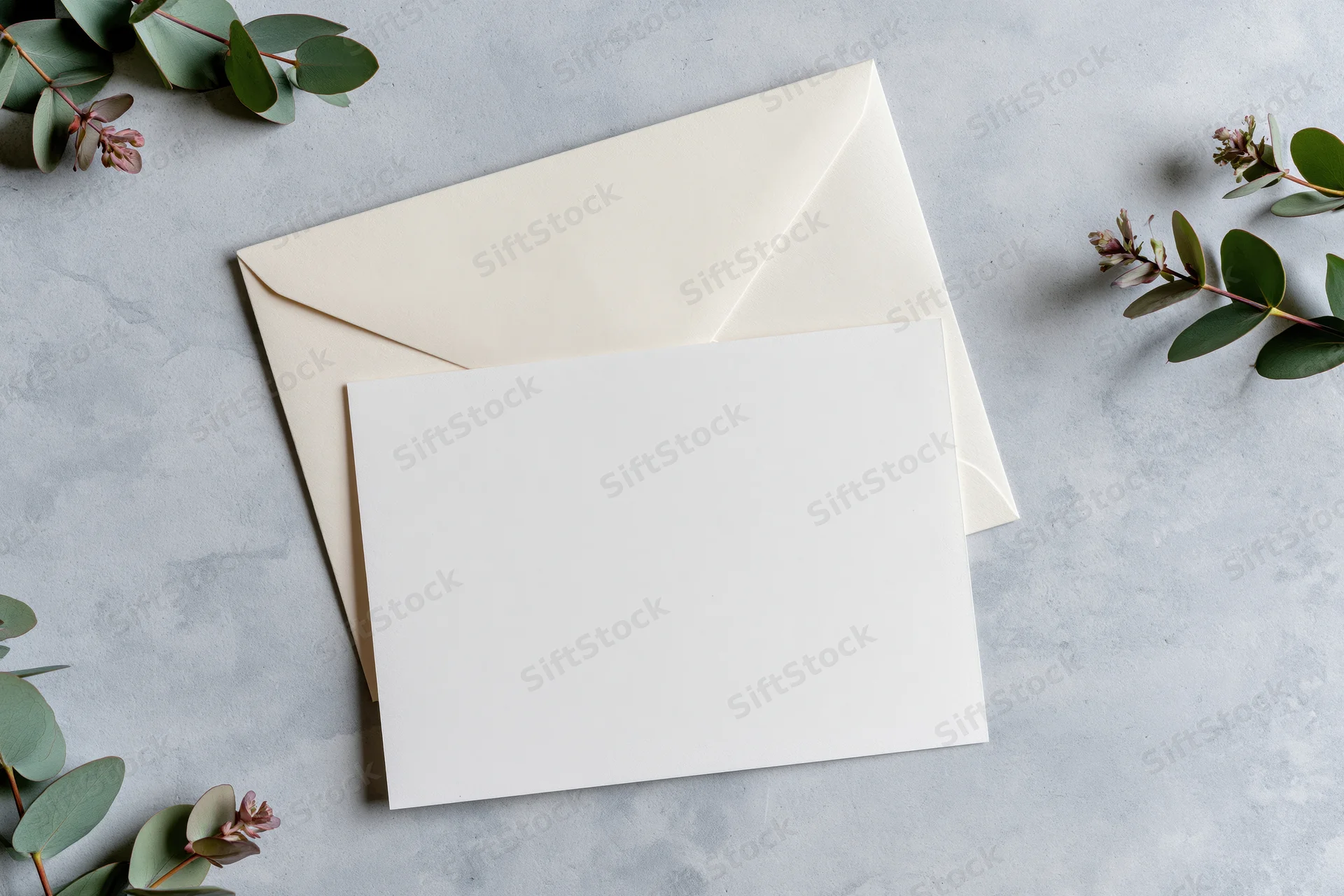 Blank white card leaning against cream envelope on gray surface with eucalyptus branches