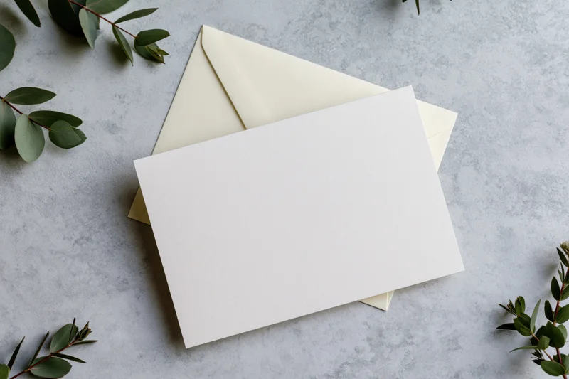 Blank white card resting on cream envelope with eucalyptus leaves on gray surface