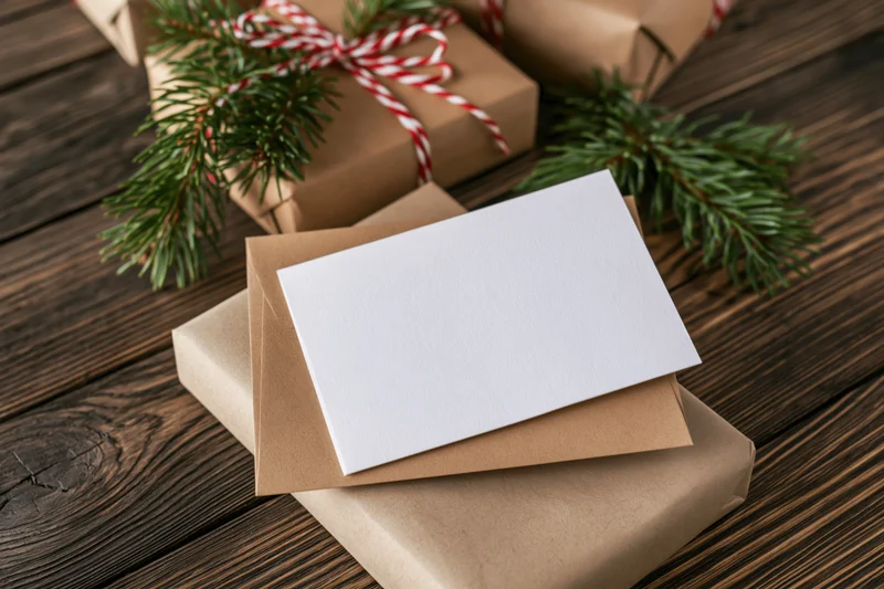 Blank white greeting card on kraft envelope with wrapped gifts and pine branches on wooden table