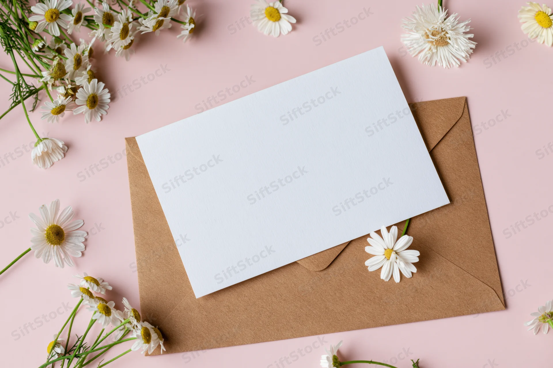 Blank white greeting card on kraft envelope with daisies on pink surface