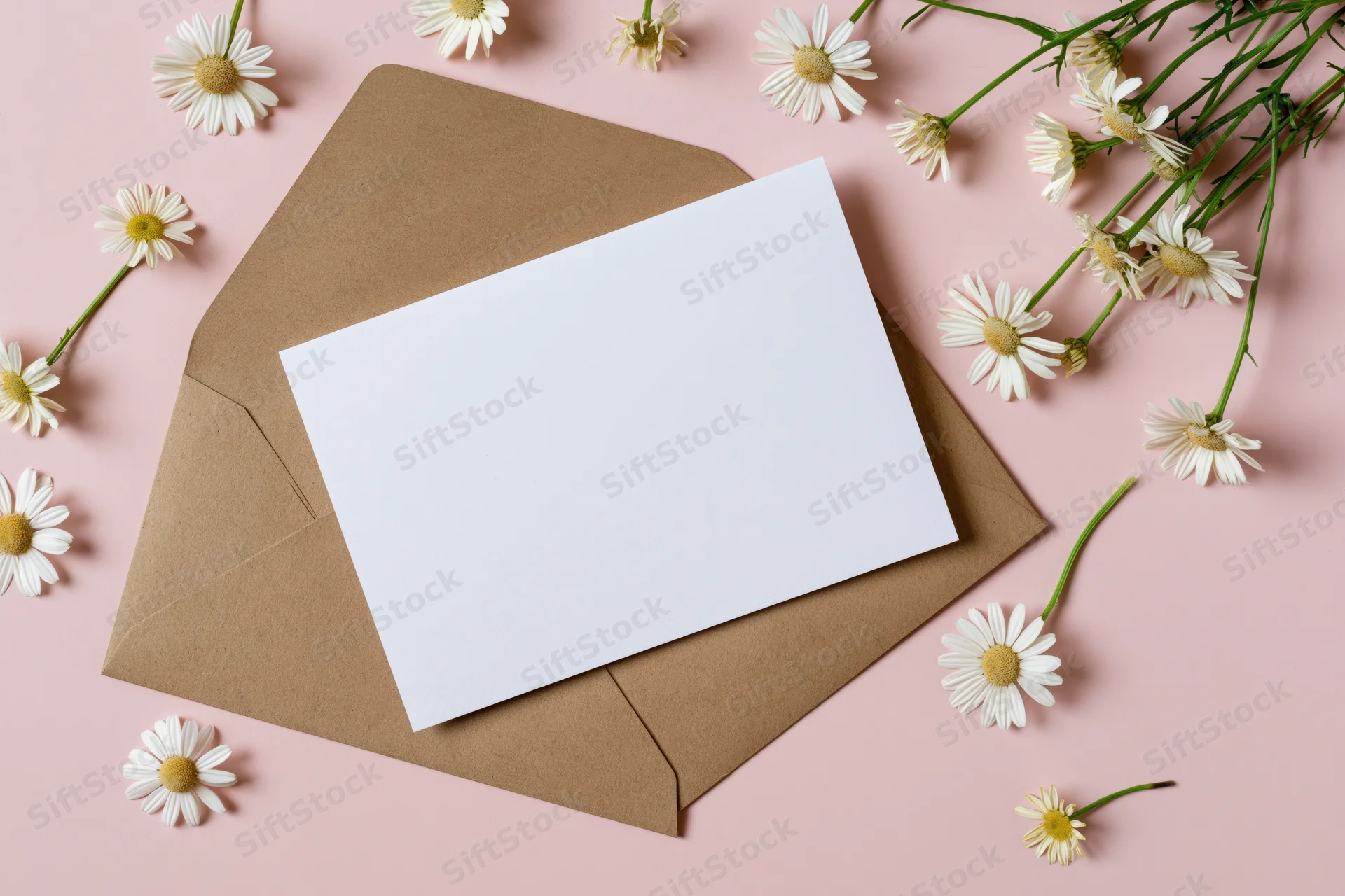 Blank white greeting card on kraft envelope surrounded by daisies on pink surface