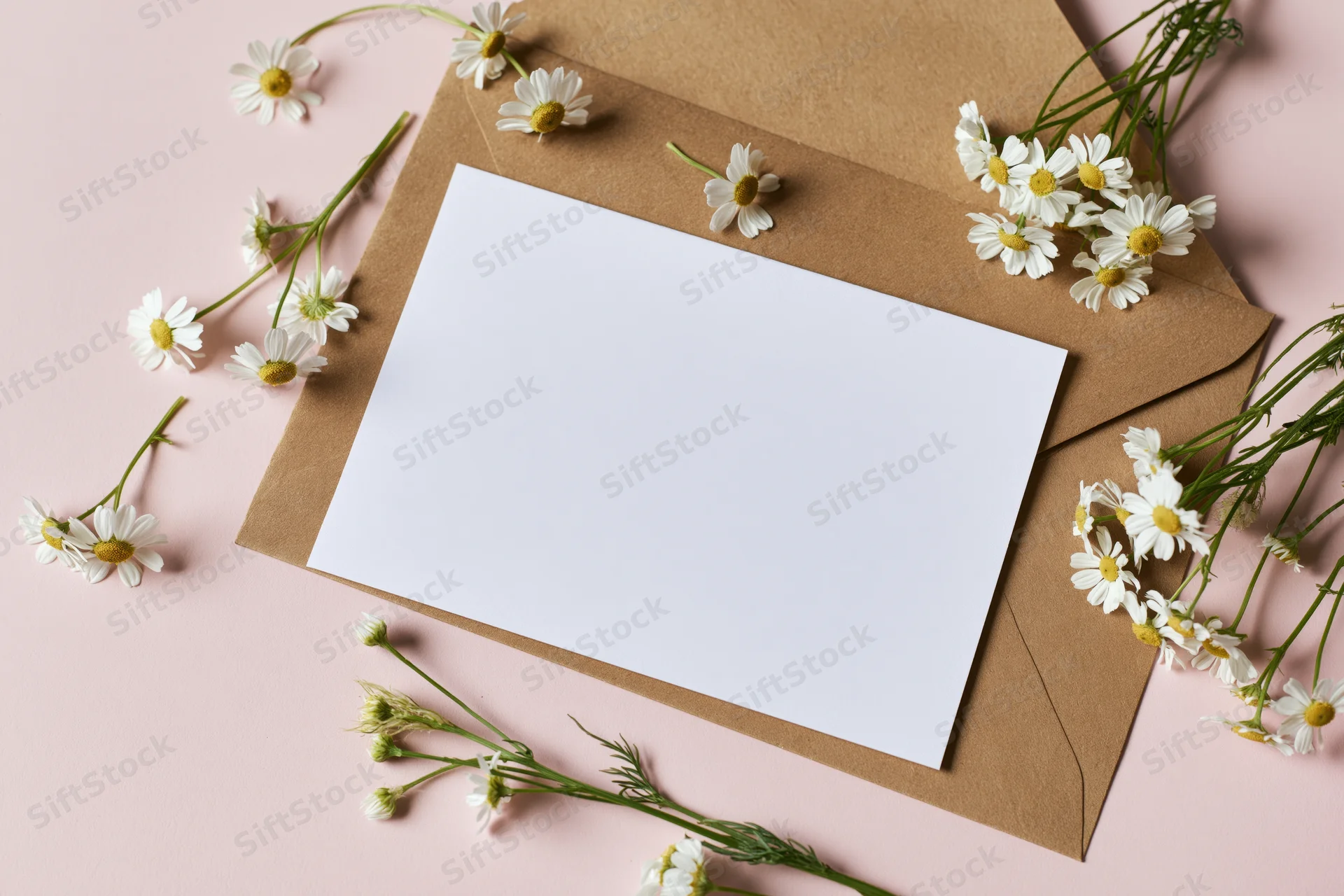Blank white card on kraft envelope surrounded by daisies on pink surface