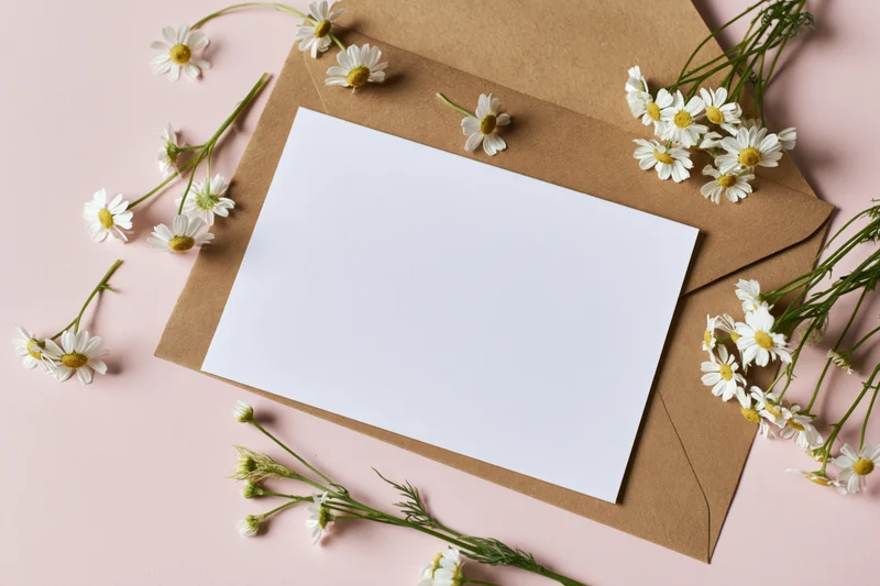 Blank white card on kraft envelope surrounded by daisies on pink surface