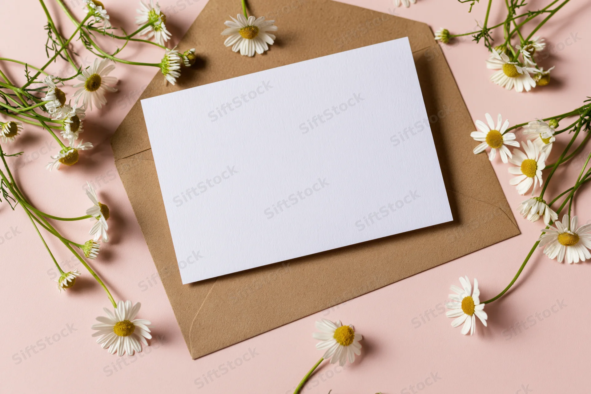 Blank white greeting card on kraft envelope surrounded by daisies on pink surface