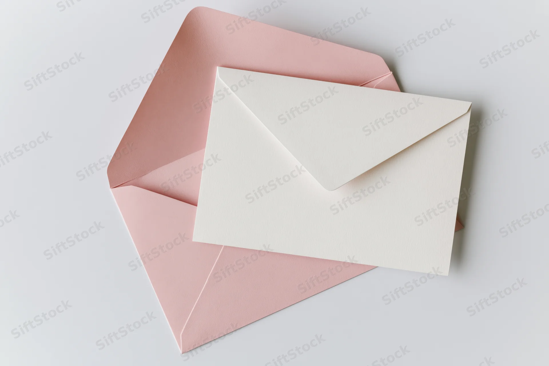 White greeting card resting on open blush pink envelope on plain surface