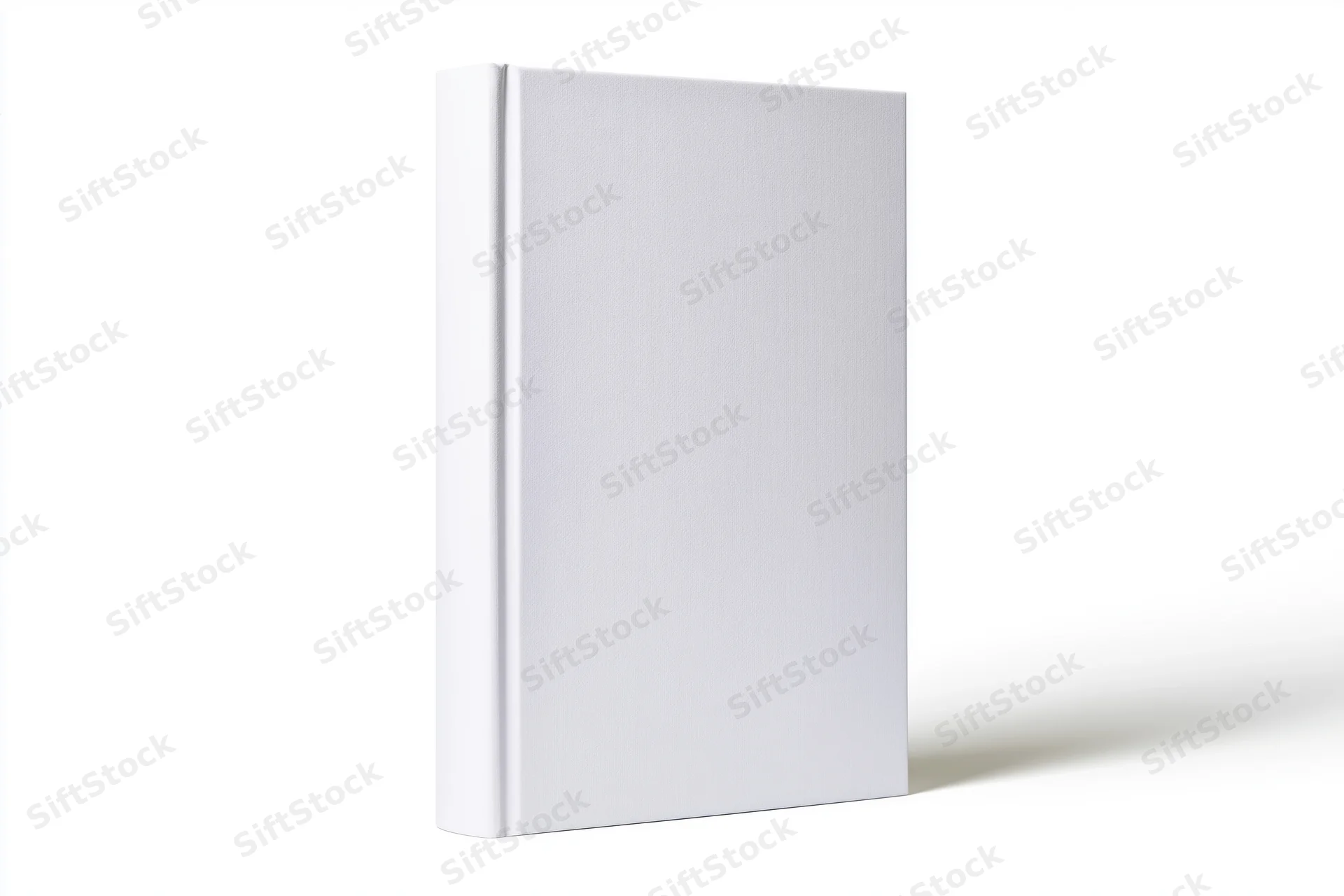 Blank white hardcover book standing upright on white background