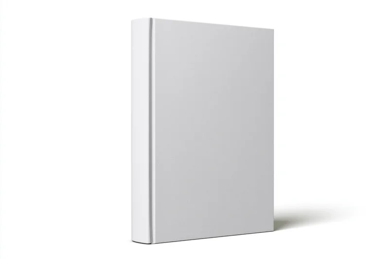 Blank white hardcover book standing upright on white background