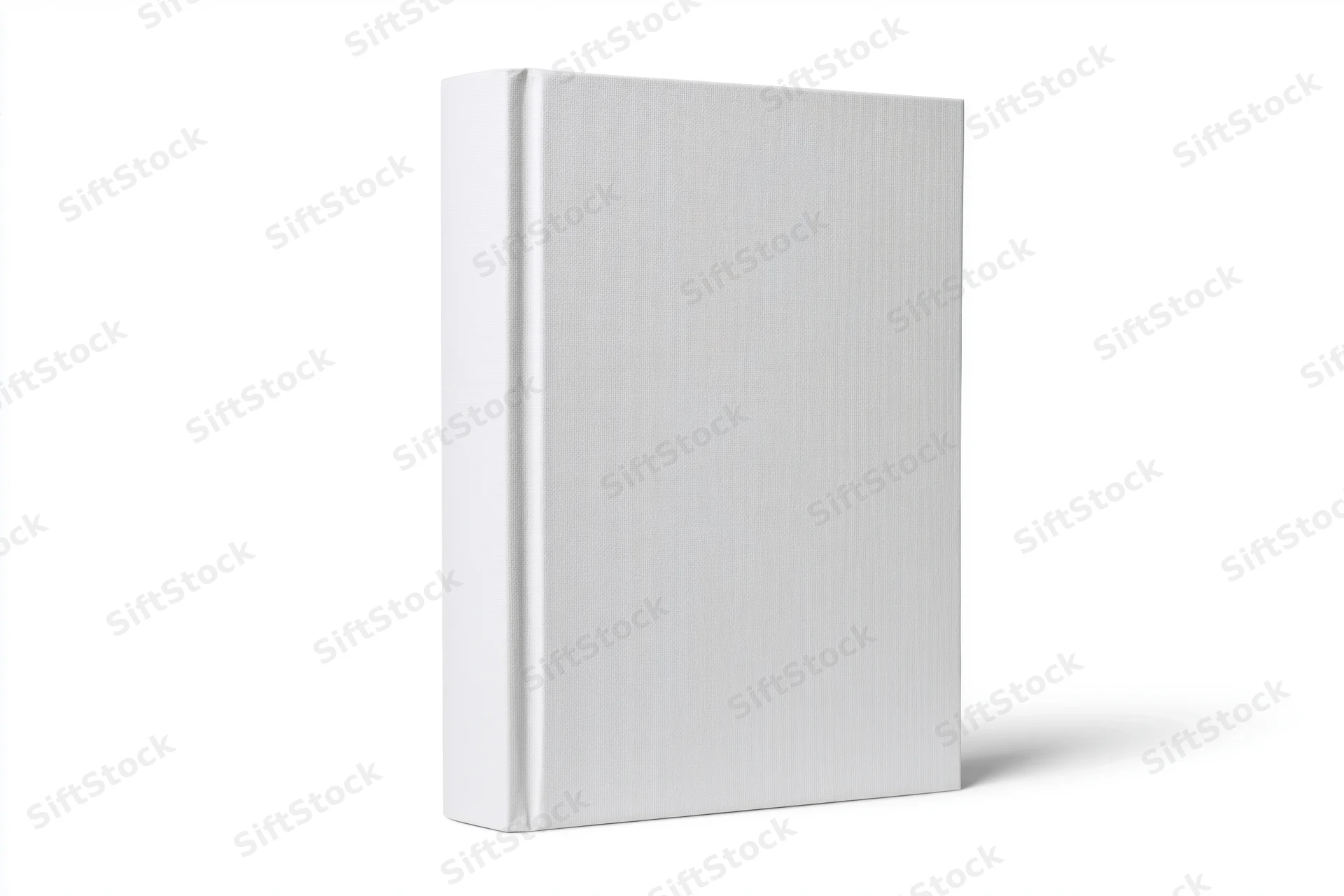 Blank white hardcover book standing upright on white background