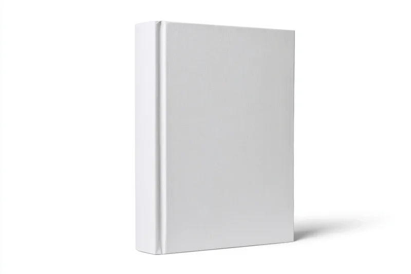 Blank white hardcover book standing upright on white background