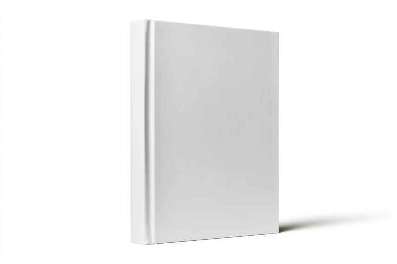Blank white hardcover book standing upright on white background