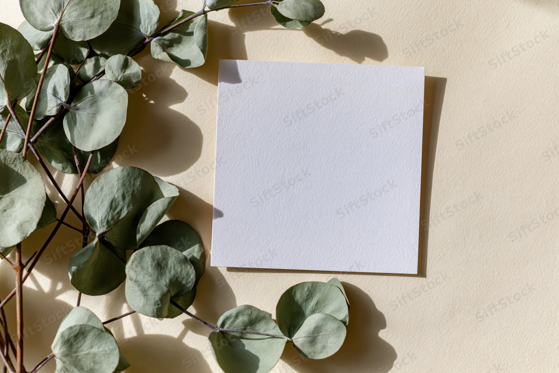 Blank white square card resting flat on dried eucalyptus branches on beige surface