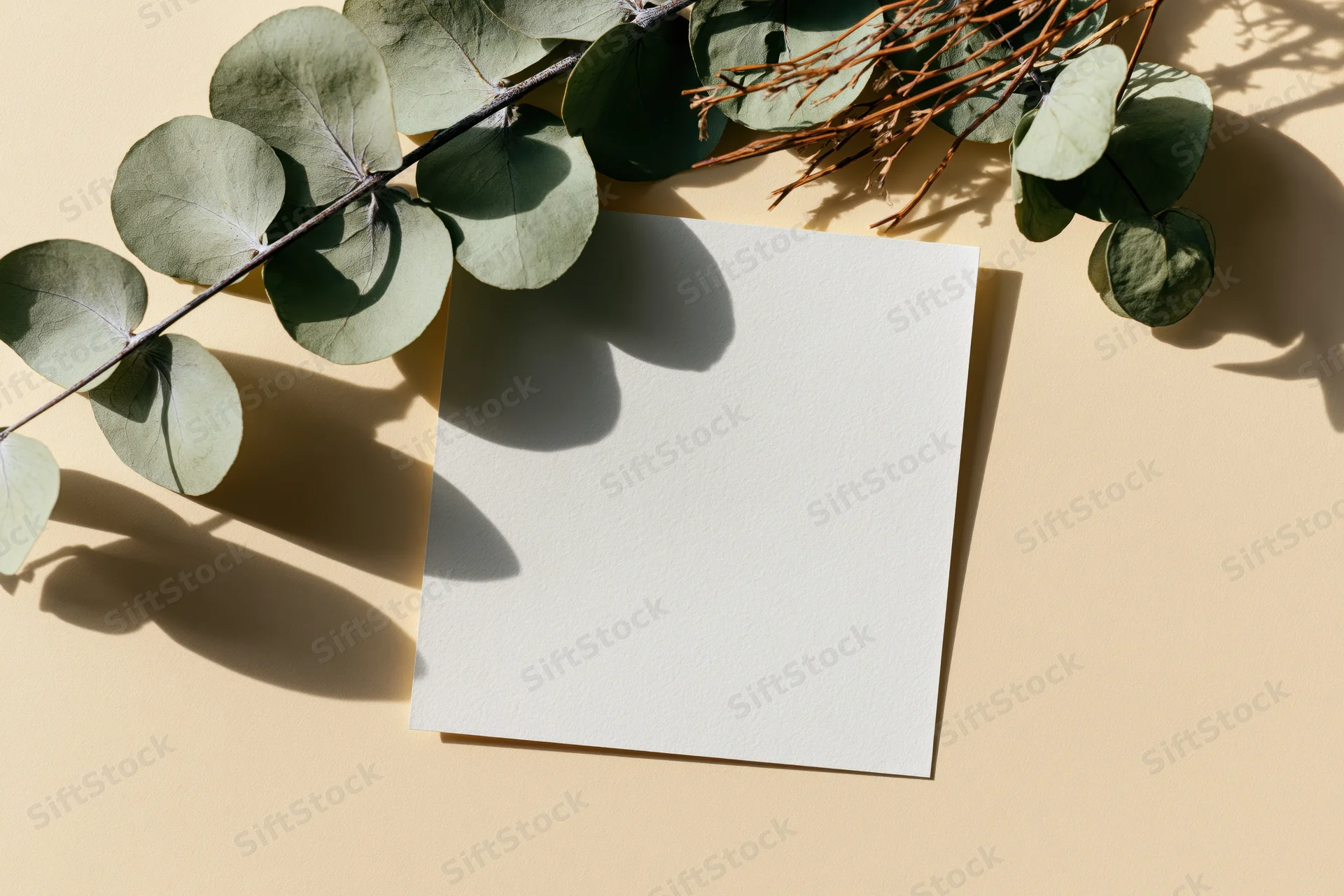 Blank white card resting flat on dried eucalyptus branches on beige surface