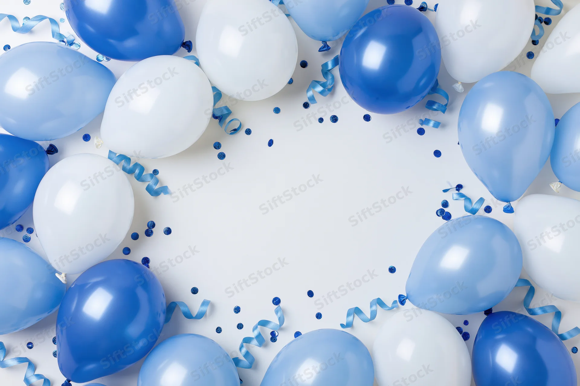 Blue and white helium balloons arranged in a circular border with confetti and streamers on white background