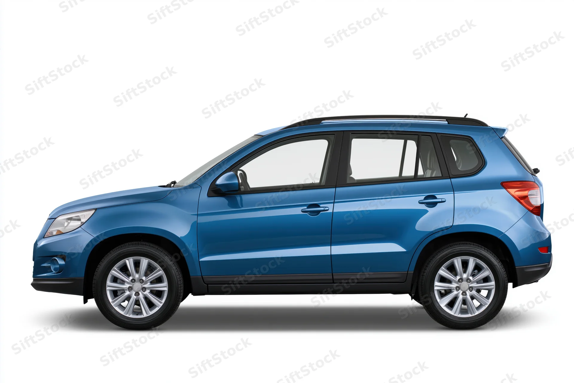 Blue compact suv in side profile view isolated on white background