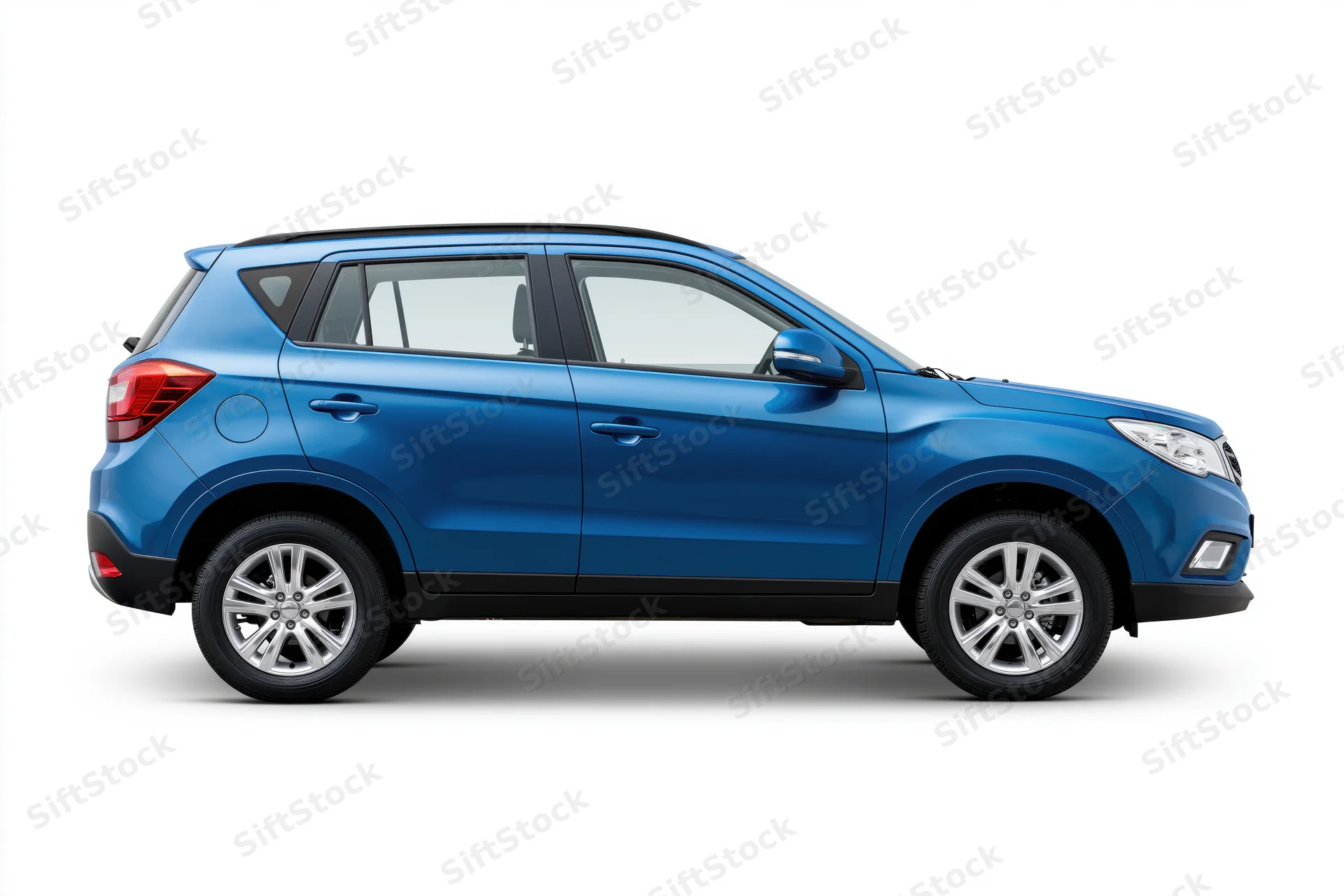 Blue compact suv in side profile view isolated on white background