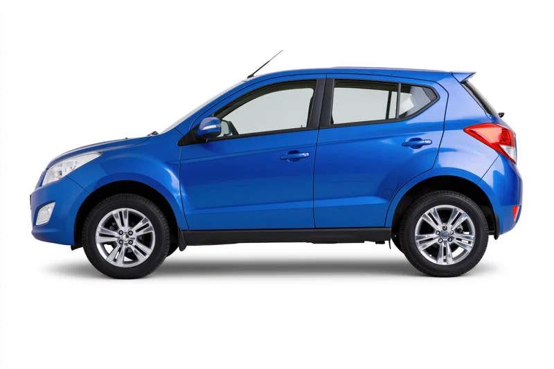Blue compact suv in side profile view isolated on white background