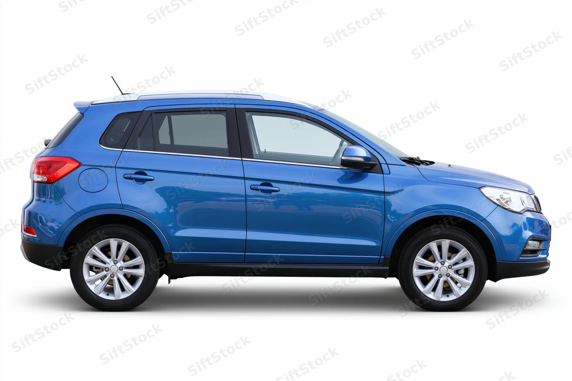 Blue compact suv in side profile view isolated on white background