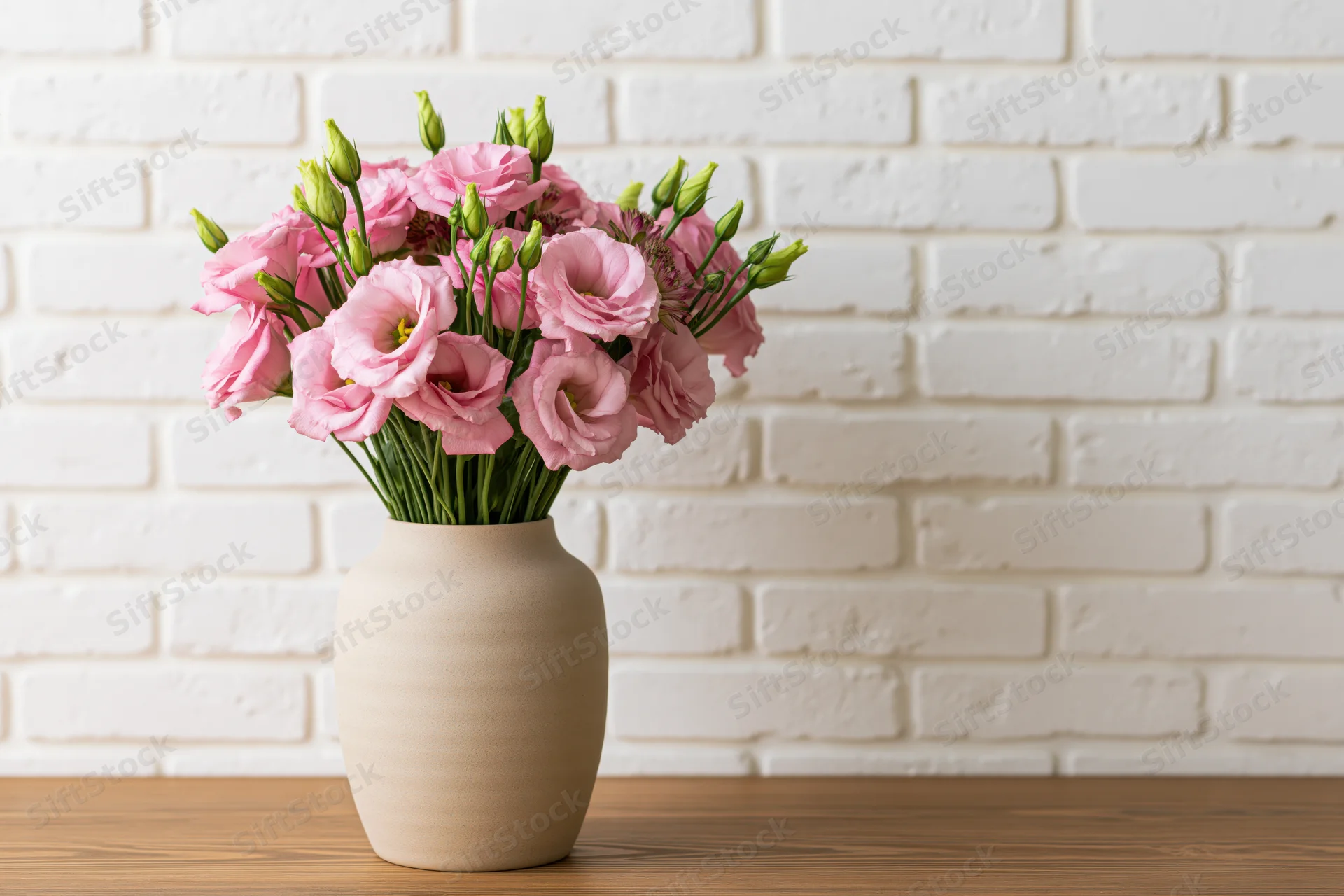 Pink lisianthus bouquet in ceramic vase on wooden table against white brick wall