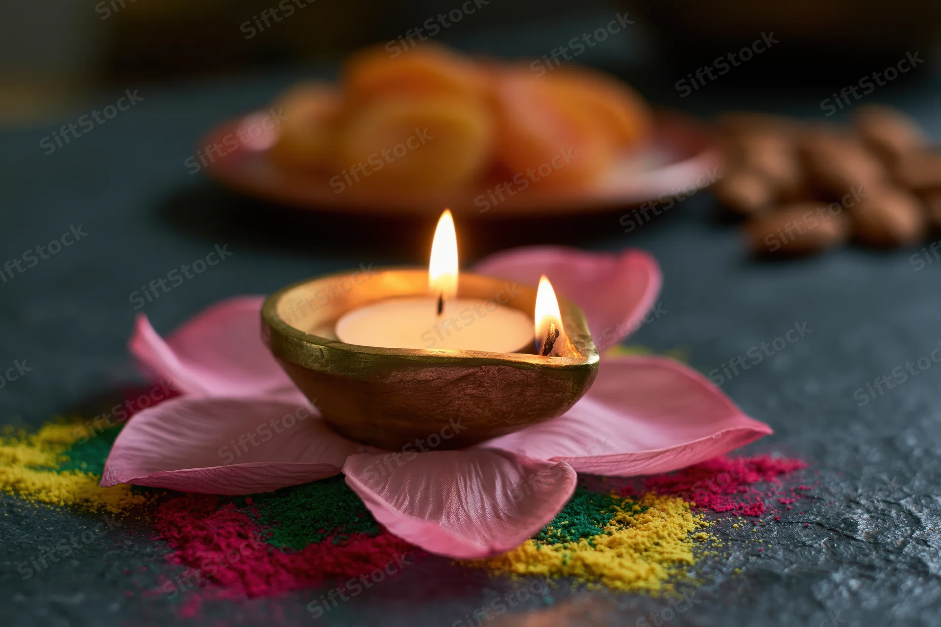 Lit brass diya oil lamp with candle flame on pink flower petals and colorful powder rangoli on dark surface