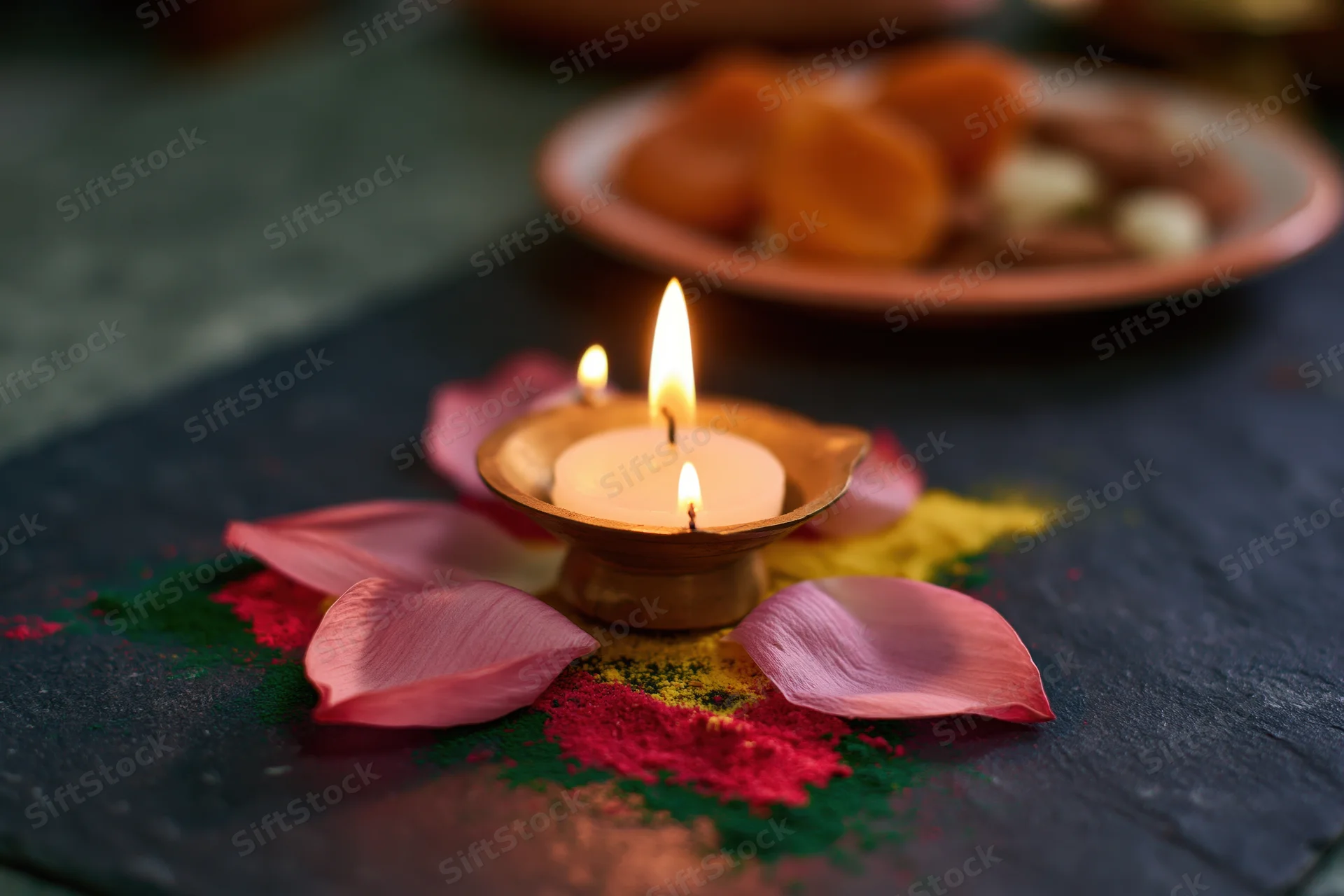 Brass diya with lit white candle surrounded by pink petals and colored powder on dark surface