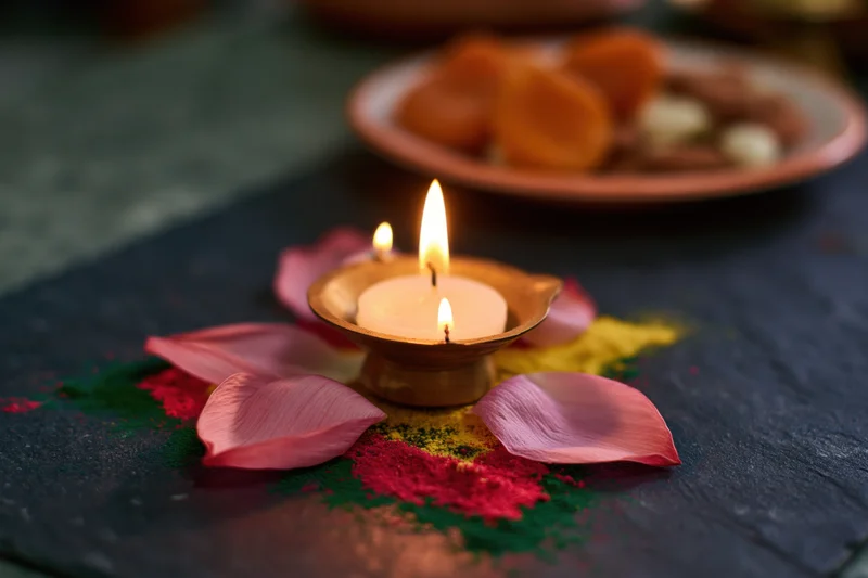 Brass diya with lit white candle surrounded by pink petals and colored powder on dark surface