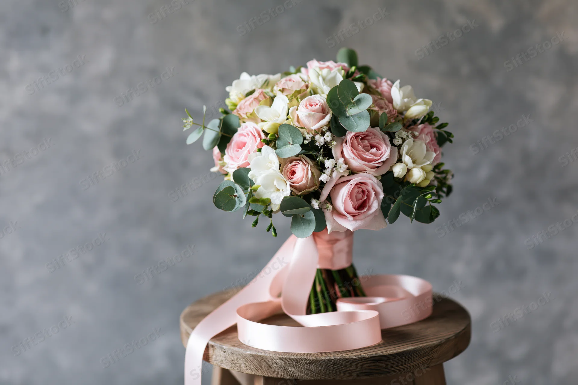 Bridal bouquet of pink roses and white freesia with green eucalyptus on wooden stool against gray background