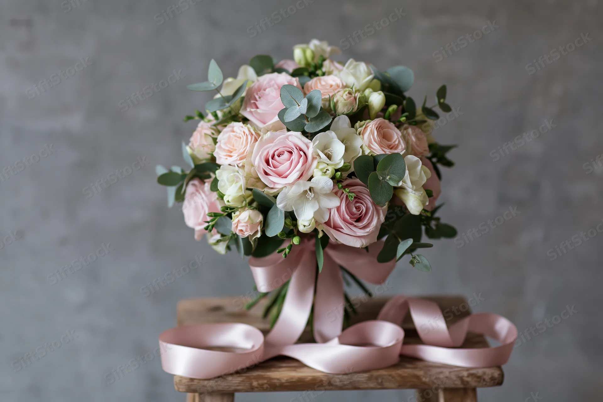 Bridal bouquet of blush pink roses and white freesia with green eucalyptus tied with pink satin ribbon on wooden stool against gray background