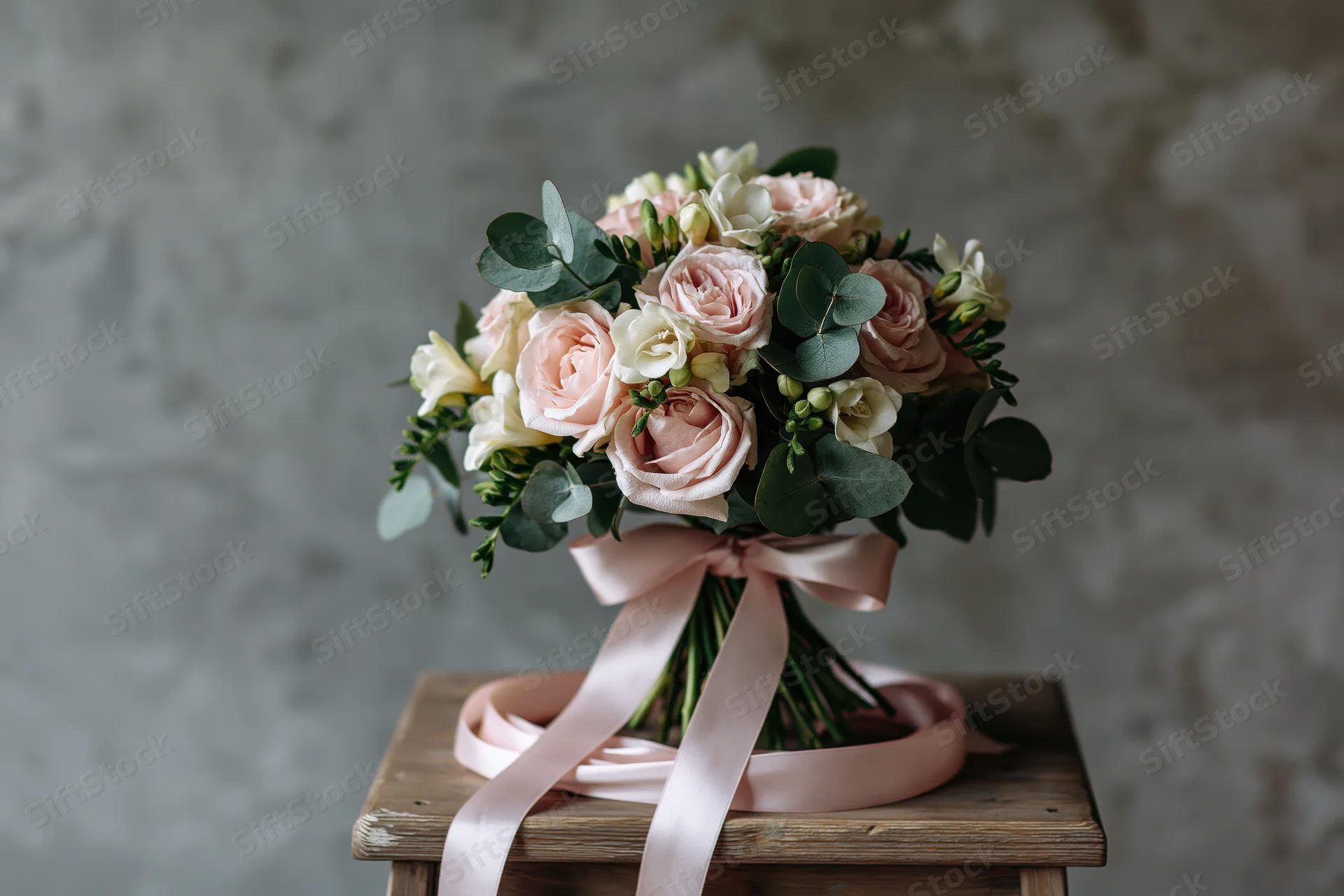 Bridal bouquet of blush pink roses and white freesia with green eucalyptus tied with pink satin ribbon on wooden stool